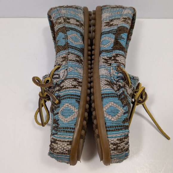 Minnetonka Baja Aztec Tribal Print Turquoise Geometric Hardsole Moccasin 8.5 - Picture 3 of 14